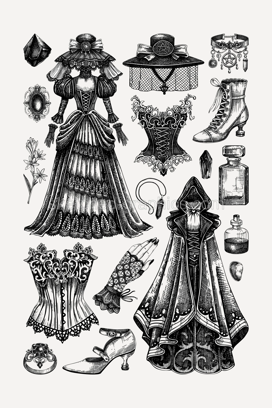 Gothic fashion poster design template. Victorian clothes hand-drawn vector illustration. Vintage wall art. NOT AI generated Illustration